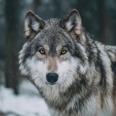 Fototapeta premium A stunning close-up portrait of a majestic wolf in its natural habitat, showcasing its intense gaze. The wolf's thick fur and piercing eyes convey strength and wild beauty