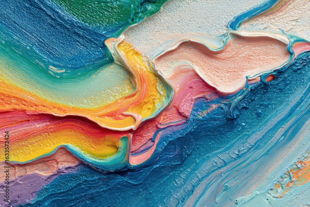 Poster dynamic flow of vibrant colors creates an abstract liquid swirl with harmonious blending of hues and