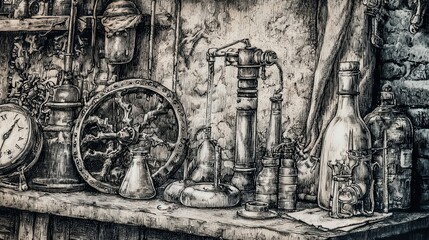 Still life of antique mechanical and scientific instruments.