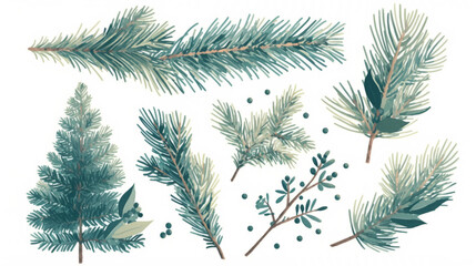 Obraz premium pine needles in cool green tones, minimalist winter composition on white background