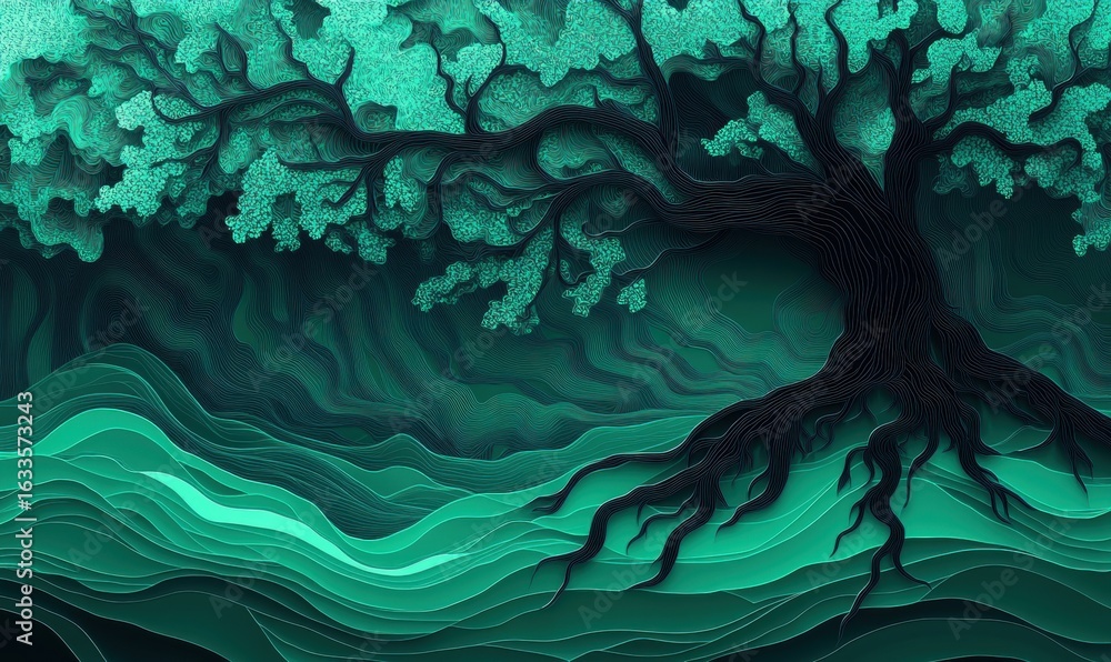 Aufkleber monochromatic tree illustration with abstract roots and branch texture background