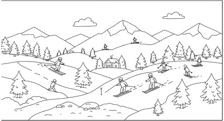Obraz premium Winter adventure: outlined skiers in mountainous landscape scene