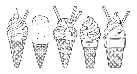 Line art ice cream cones collection with various styles and toppings