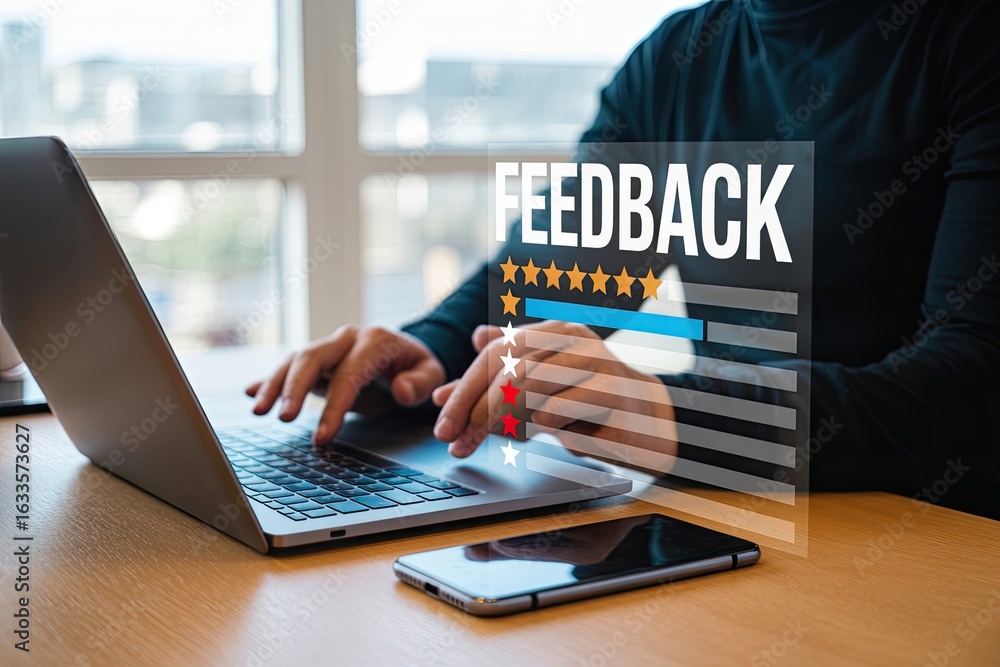 Poster person typing on a laptop with the word feedback displayed on a transparent screen in front of them 