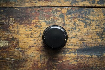 Dark circular knob on weathered wooden surface