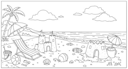 Fototapeta premium Tranquil beach scene with sandcastles and lounge chairs in line art style