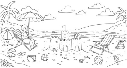 Obraz premium Child relaxing on beach with sandcastle and sun loungers in linear art style