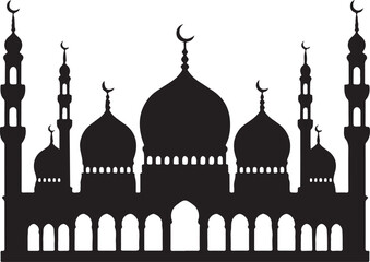 Silhouette of a Grand Mosque with Crescent Moons Evoking Islamic Architecture and Spiritual Symbolism against a White Backdrop