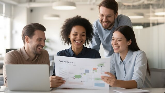 Group of professionals discussing a project diagram in an office setting