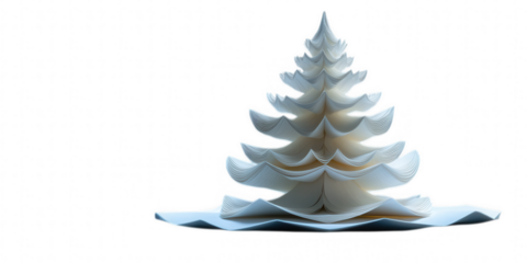 Intricate white carved wooden christmas tree with delicate layered branches and a star on top isolated on transparent background