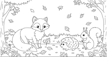 Cute woodland animals in a forest scene coloring page for kids' fun activity