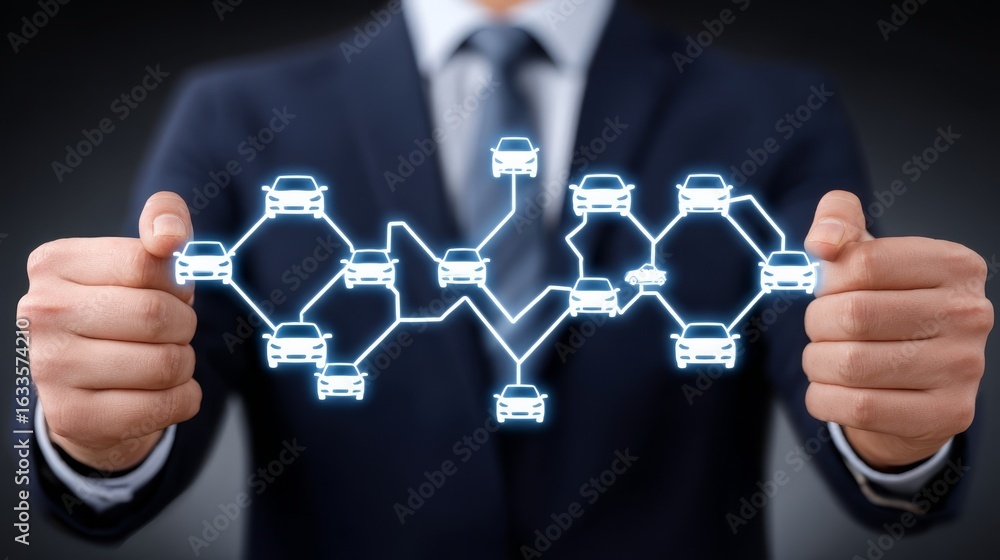 Poster businessman managing a complex network of connected devices and smart home technology on digital tab