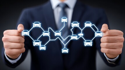 Businessman managing a complex network of connected devices and smart home technology on digital tablet interface for global iot connectivity data management.