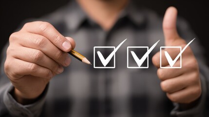 Detailed macro view of a person's hand holding sharp yellow pencil and pointing check box, illustrating the concept of editing, proofreading, learning.