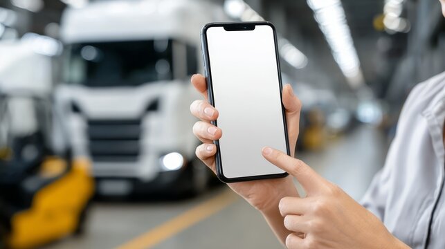 A focused industrial engineer in modern manufacturing facility, using mobile phone for operational management and quality control.