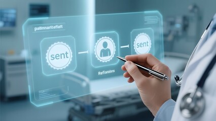 Medical professional interacting with a futuristic digital interface displaying patient information and communication status.