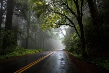 Fototapeta premium Misty forest road meanders through a lush, green landscape under a blanket of fog, inviting exploration and quiet reflection on a tranquil morning