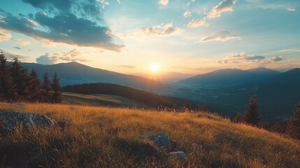 Fototapeta premium Golden sunset over mountain landscape