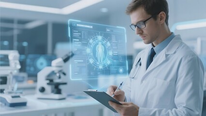 Scientist analyzing data on a digital tablet with a holographic display in a modern laboratory setting.