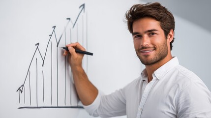 Focused professional man actively engaged in a strategic planning session, writing innovative ideas and complex diagrams on large office whiteboard to visualize new business project.