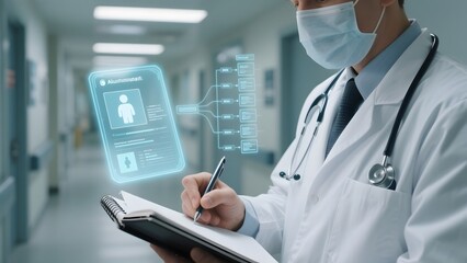 Doctor in a hospital hallway using a digital interface for patient data analysis
