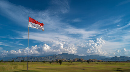 The Indonesian flag flutters proudly on a tall pole in the middle of a vast green field, clear sky with thin clouds, open view without buildings, ai generated images.