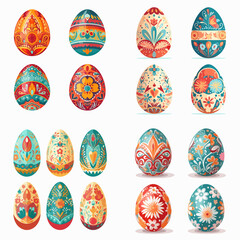 Set of twelve stylized, painted eggs, exhibiting various floral and geometric patterns in a vibrant color scheme. The eggs are designed with a polished look, perfect for a celebration.