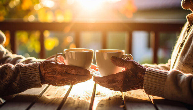 Senior hands holding coffee cups at sunrise time - Powered by Adobe