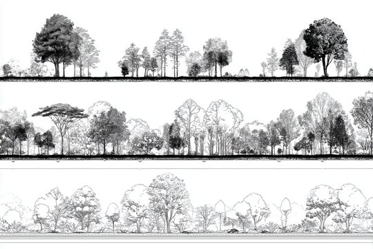 Architectural drawings showcase minimal style tree designs highlighting various species and their arrangements in a serene landscape setting