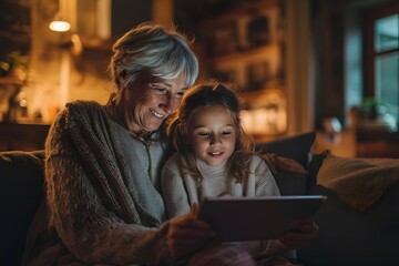 Warm portrait of grandmother and granddaughter bonding over a tablet at home