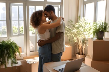 Happy young couple embracing in their new home after moving in