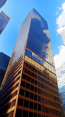 Obraz premium Low-angle view of a modern skyscraper, showcasing its mirrored facade and surrounding high-rise buildings against a clear blue sky