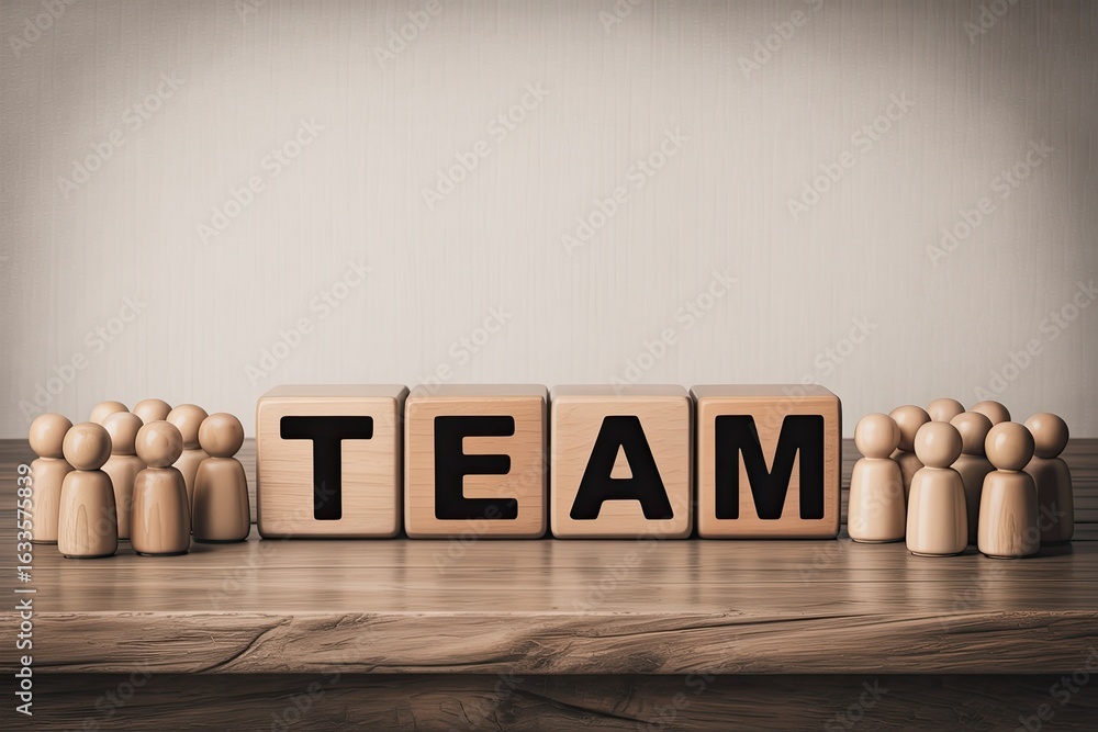 Poster wooden blocks spelling team with small wooden figures representing a unified group on each side symb