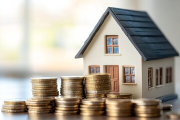 Miniature house atop stacks of coins