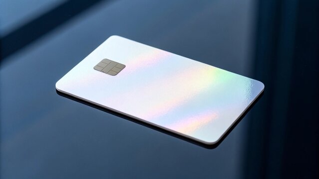 Closeup of a blank credit card with a chip on a reflective surface, isolated on white background, representing modern financial technology
