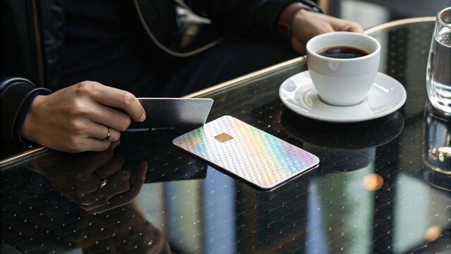 Person holding a credit card next to a cup of coffee on a table, ready to make a payment for a relaxing break at a cafe
