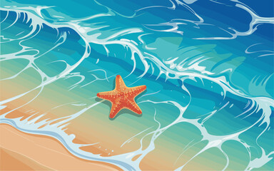 Tropical ocean water with ripples, caustic light, soft foam, and a vibrant orange starfish. Serene seascape with turquoise-blue tones. Top down view vector illustration