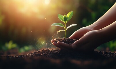Tender hands planting a young sapling in rich soil under a warm sunlight