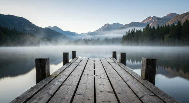 Wooden dock extends into a misty lake at dawn, surrounded by mountains and pine forests