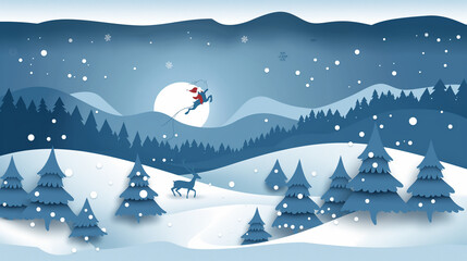 Fototapeta premium Winter landscape with Santa Claus jumping over snowy mountains