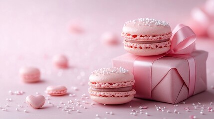 Fototapeta premium Macarons in heart shape in gift box isolated on pink background,events,aniversary festival gift set,french macaron cookies,trendy 2025,couple valentine Romantic love or pastry shop.