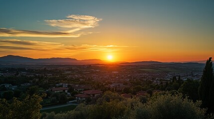 Obraz premium Panoramic sunset over city nestled in valley
