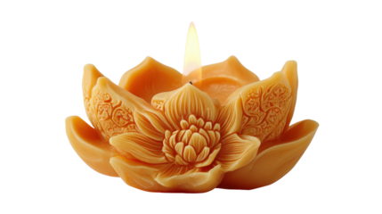 Burning candle with lotus flower carved on the side Transparent background, PNG file