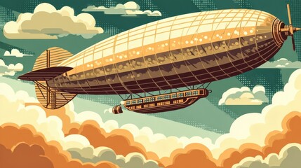 Vintage illustration of a zeppelin soaring through the clouds.