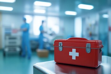 Red first aid kit in a medical facility.