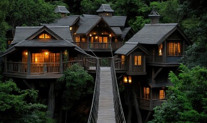 Treehouse architecture featuring wooden construction and natural surroundings