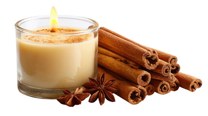 Burning scented candle with cinnamon sticks Transparent background, PNG file