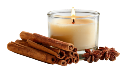 Burning scented candle with cinnamon sticks Transparent background, PNG file