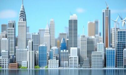 Fototapeta premium Urban skyline rendering featuring skyscrapers and modern city architecture