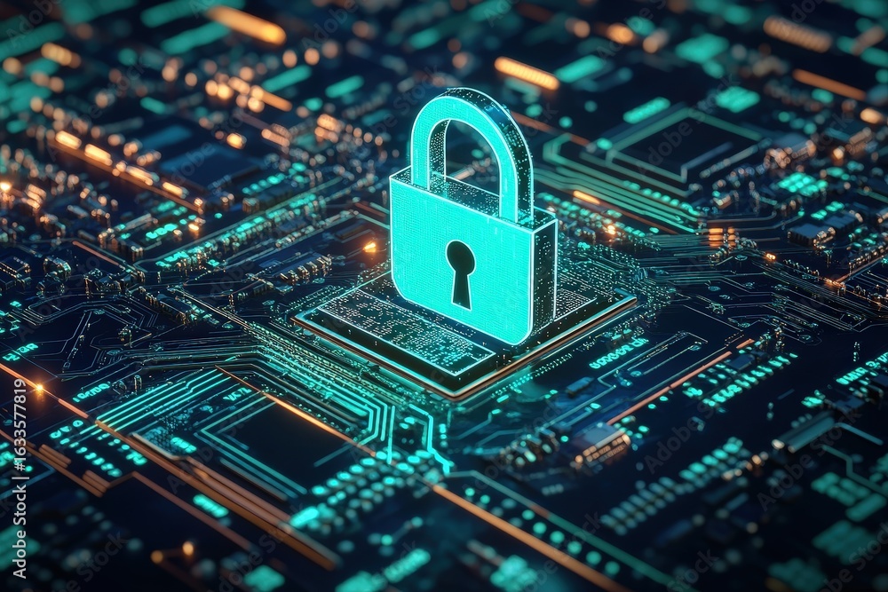 Poster digital lock icon displayed on a circuit board.